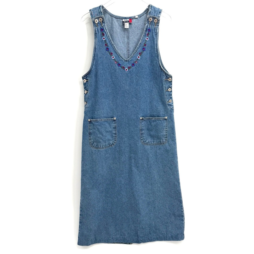 VTG 90s Denim Embroidered Floral Jumper Dress Size M Overall Midi Cottage Modest